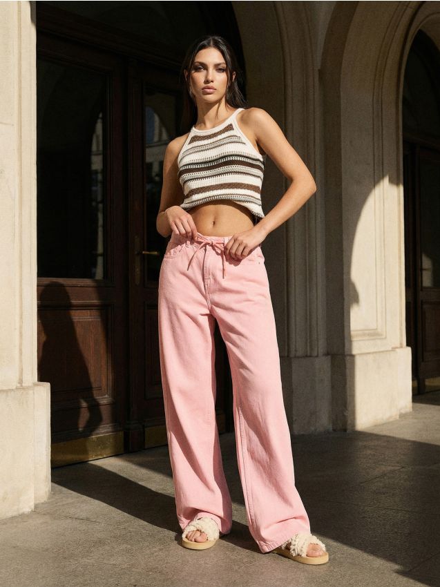 Sinsay - Jeansy wide leg high waist z materiałowym paskiem - różowy