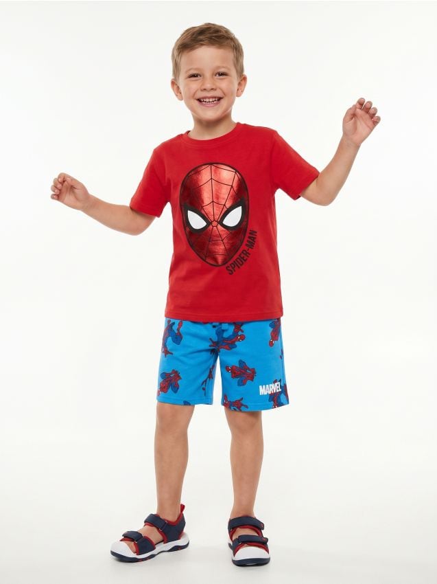 Sinsay - Pantaloni scurți din bumbac, cu imprimeu Spider-Man - albastru