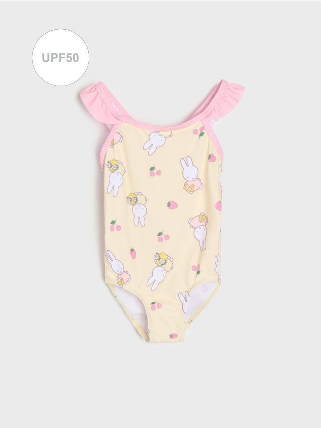 Sinsay - Jednoczęściowy strój kąpielowy UPF 50 z falbankami i motywem królików - żółty