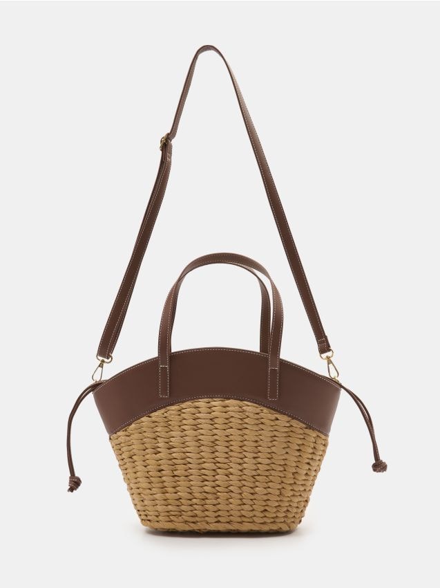 Borsa a cestino intrecciata con tracolla removibile - panna