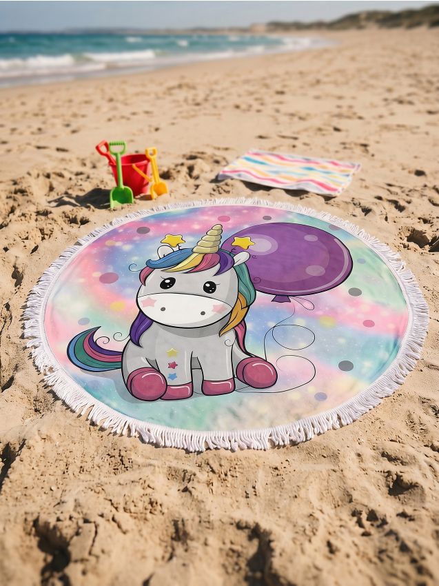 Sinsay - Prosop de plajă rotund cu franjuri și motiv unicorn - mov