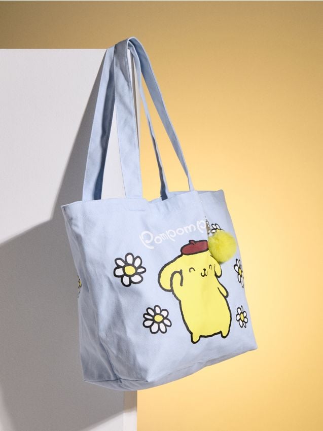 Sinsay - Geantă shopper din material textil cu breloc și imprimeu PomPomPurin - albastru-pal