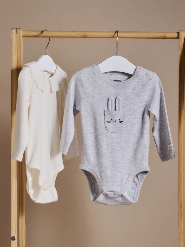 Sinsay - Body din bumbac cu mânecă lungă și buzunar - gri deschis