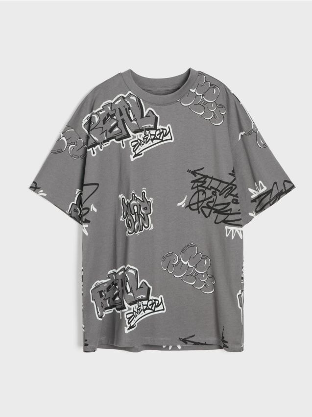 Sinsay - Tricou oversize din bumbac cu imprimeu graffiti - gri-neutru