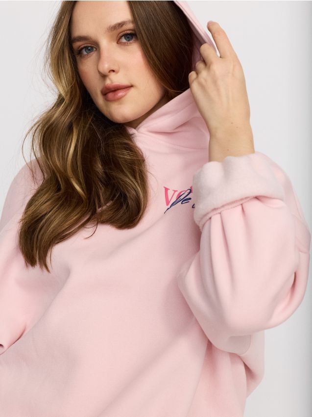 Sinsay - Hanorac cu glugă și imprimeu pe spate - roz-pastel