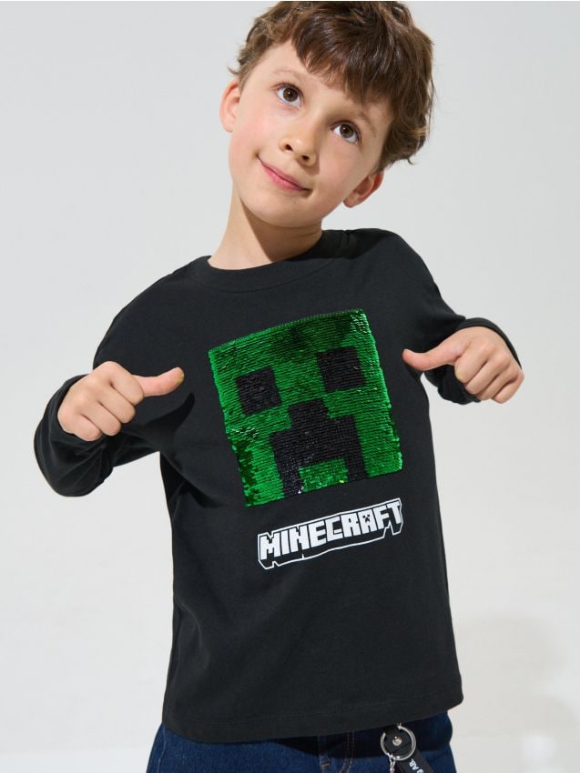 Sinsay - Tricou din bumbac cu aplicație din paiete Minecraft - negru