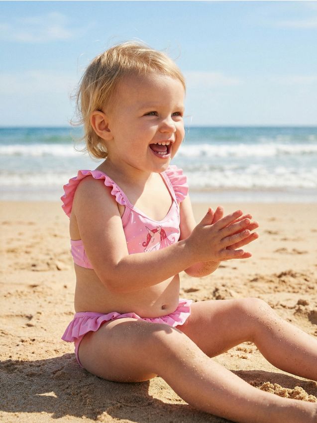 Sinsay - Costum de baie cu imprimeu cu unicorn și puncte holo - roz-aprins