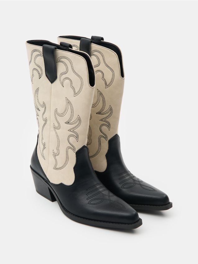 Stivali cowboy in similpelle con ricamo e gambale a contrasto - multicolor