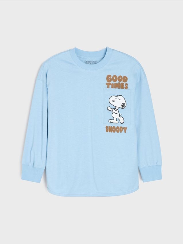 Sinsay - Tricou loose din bumbac cu mânecă lungă în dungi Peanuts - albastru-pal