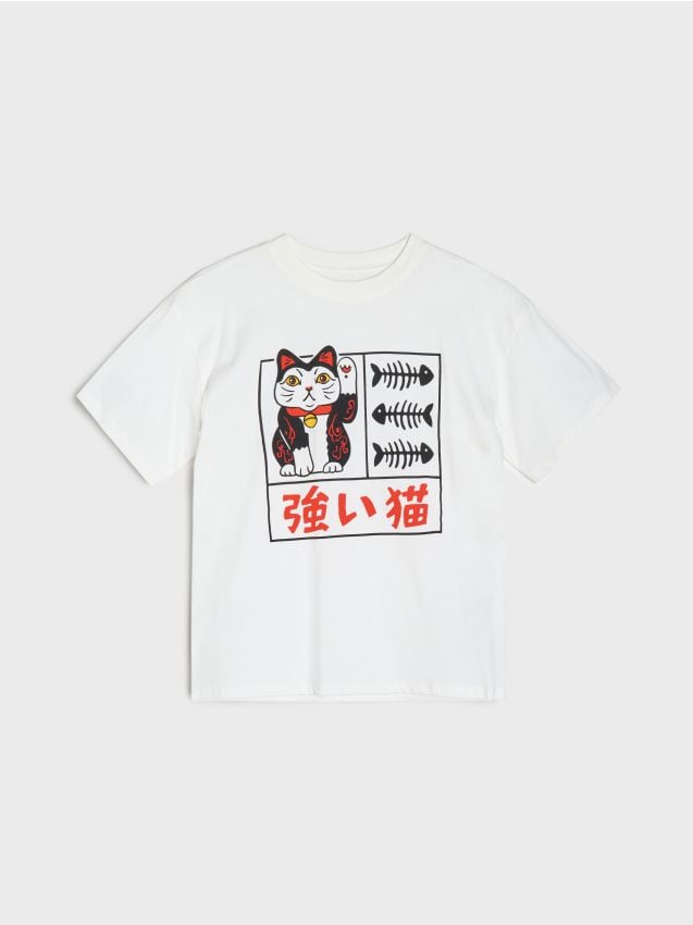 Sinsay - Tricou oversized din bumbac cu pisica japoneză a norocului - alb