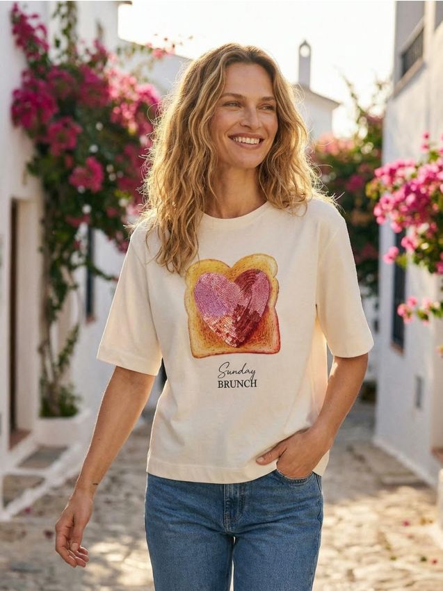 Sinsay - Tricou din bumbac cu imprimeu - crem