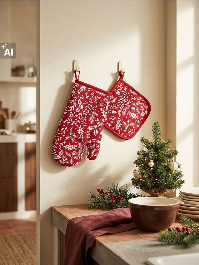 Sinsay - Set de Crăciun: mănușă și suport pentru oală cu model vegetal 2 pack - roșu