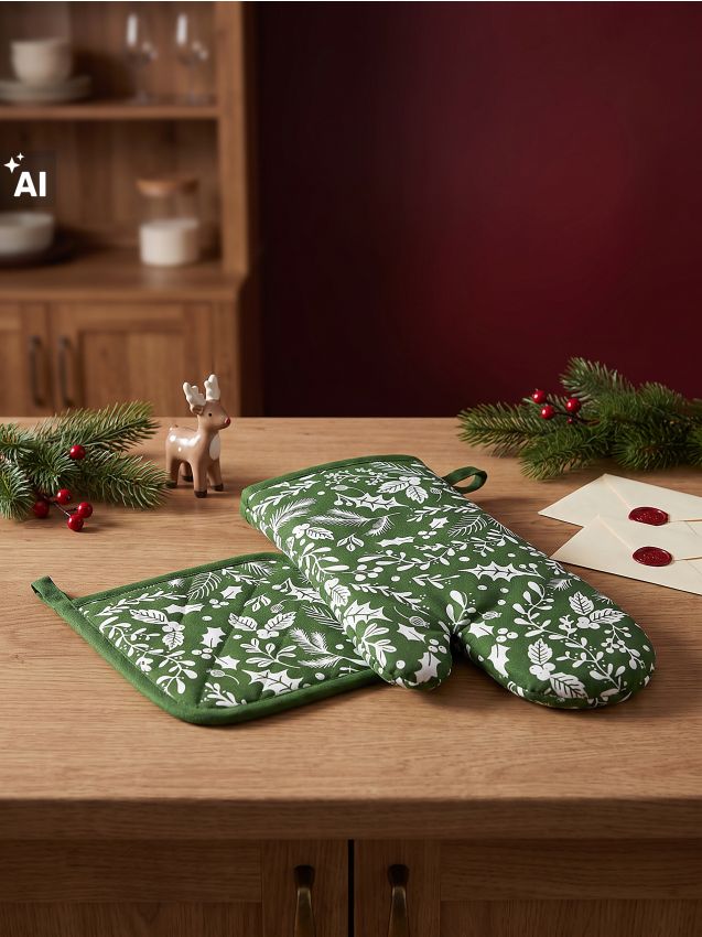 Sinsay - Set de Crăciun: mănușă și suport pentru oală cu model vegetal 2 pack - verde