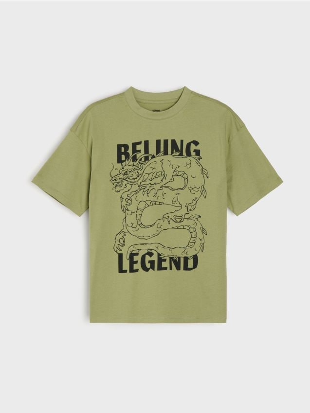 Sinsay - Tricou din bumbac cu imprimeu cu dragon - verde-oliv deschis