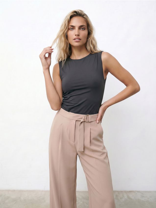 Sinsay - Pantaloni wide leg cu curea din material tech-poly - bej