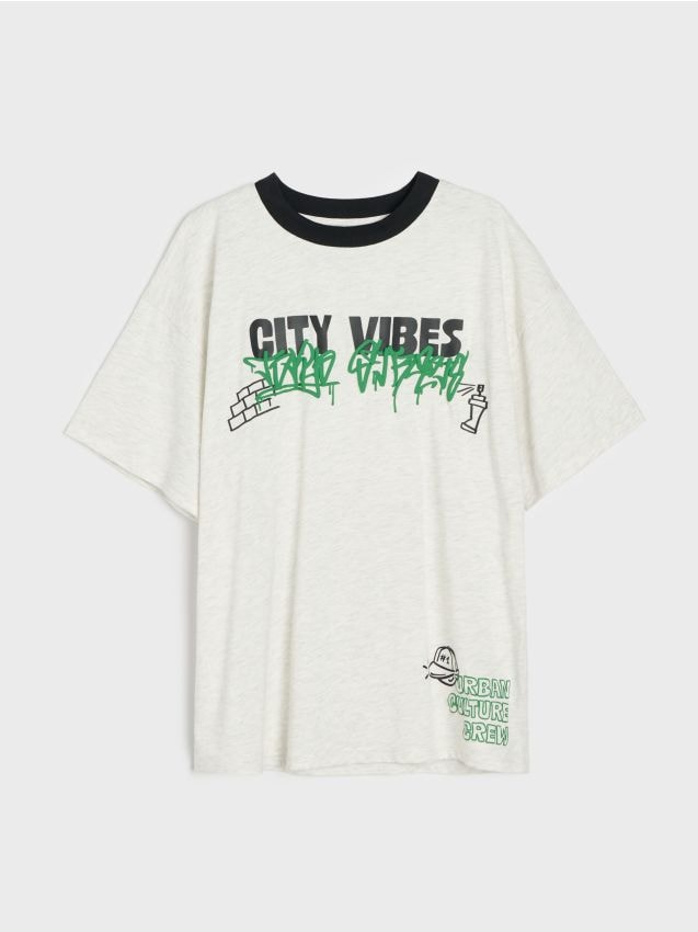 Sinsay - Tricou oversize din bumbac cu imprimeu graffiti - gri deschis