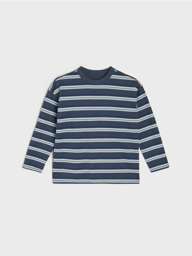 Sinsay - Tricou loose din bumbac cu mânecă lungă în dungi - albastru metalizat