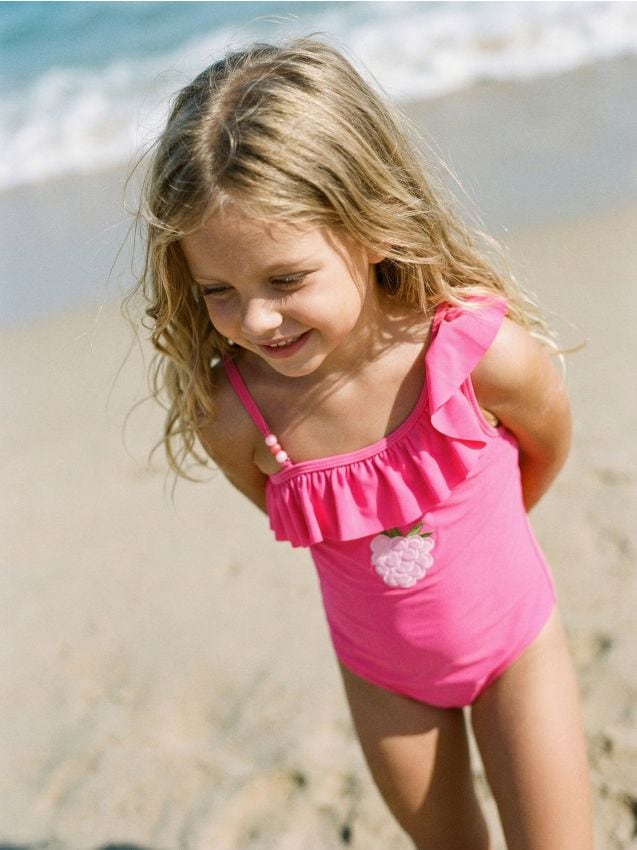 Sinsay - Strój kąpielowy z falbanką i haftowaną maliną - różowy