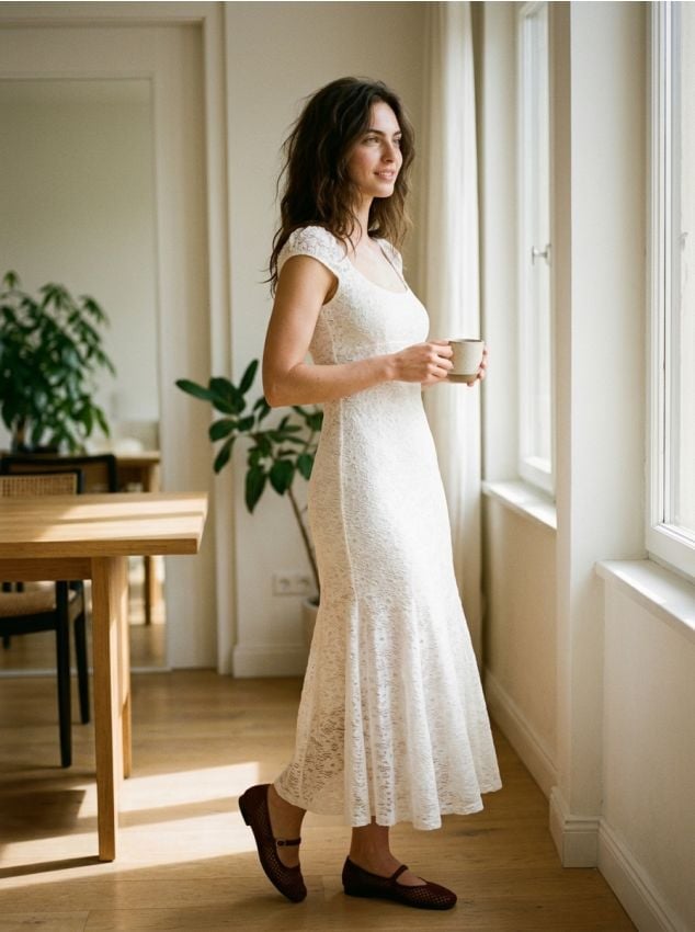 Sinsay - Rochie midi din dantelă tip sirenă - crem