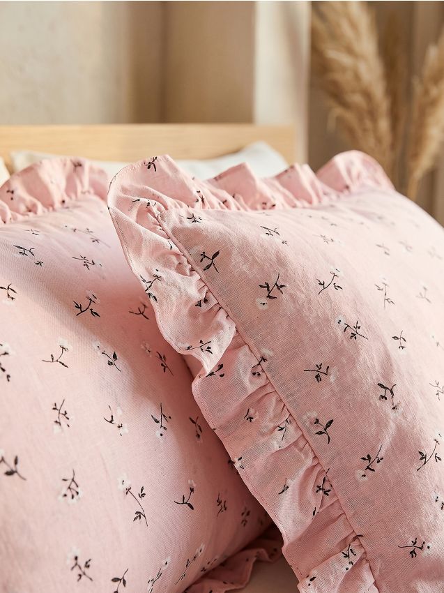 Sinsay - Fețe de pernă din bumbac pentru perne mici cu volan, cu model floral, set de 2 - roz-pastel