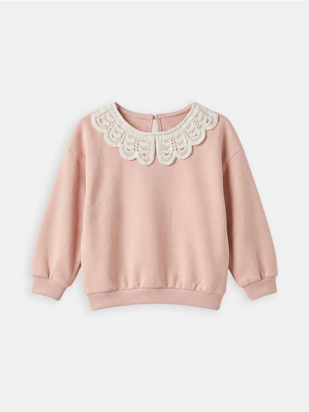 Sinsay - Bluză crewneck cu bumbac și guler decorativ - roz-pastel