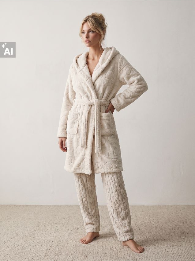Sinsay - Halat din polar cu glugă și model cu inimi în relief - crem