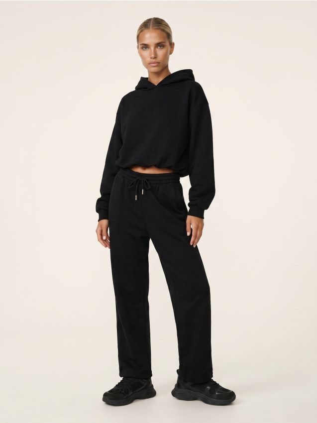 Sinsay - Pantaloni wide leg comfort din material fleece Active - negru