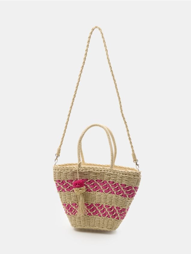 Borsa shopper intrecciata da spalla con nappa - panna
