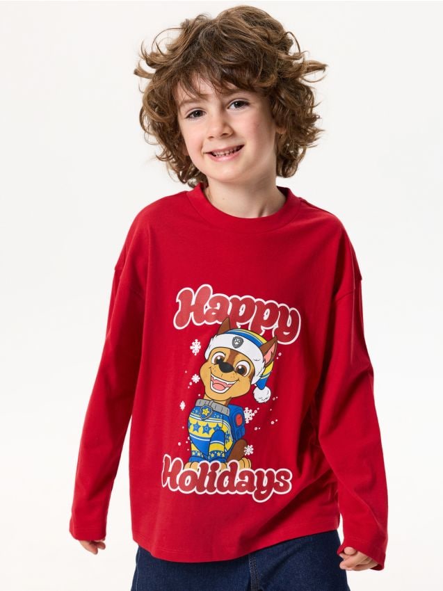 Sinsay - Tricou din bumbac cu imprimeu de Crăciun PAW Patrol - roșu