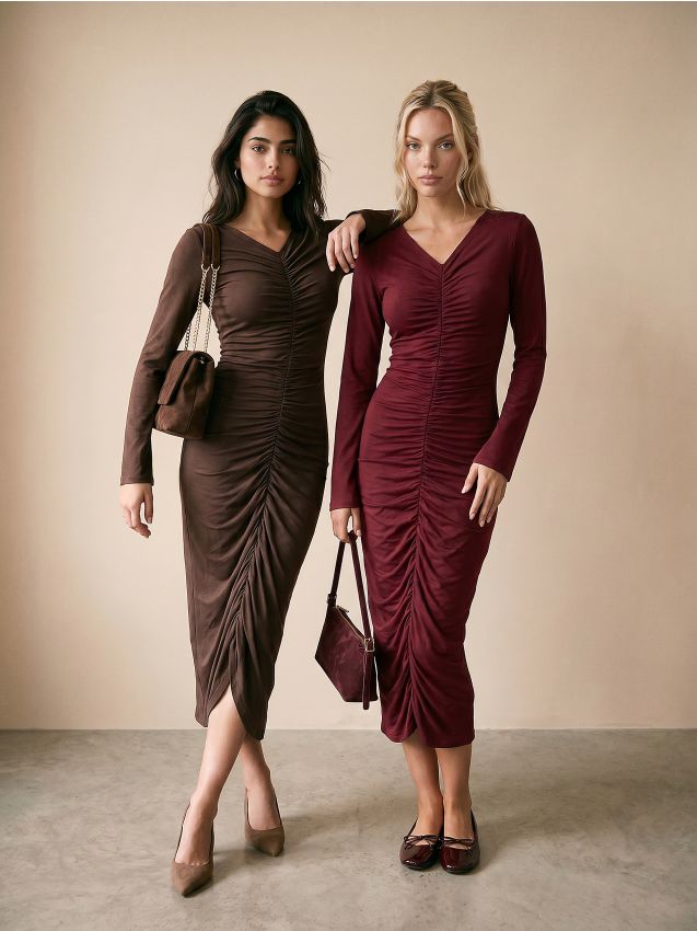 Sinsay - Rochie midi cu fronseuri - maro
