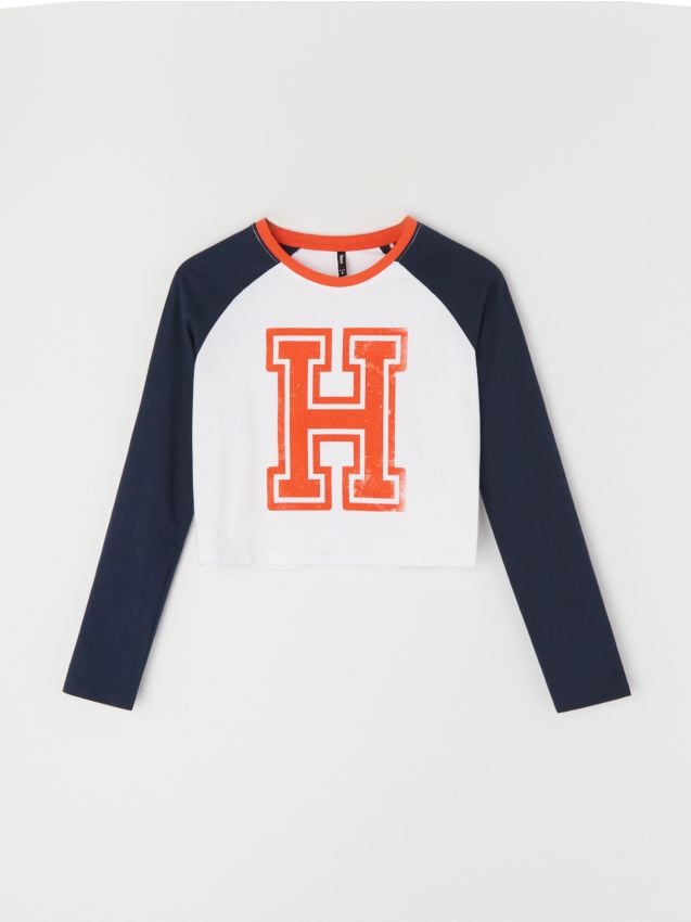 Sinsay - Crop top s dlhými raglánovými rukávmi a potlačou - tmavomodrá