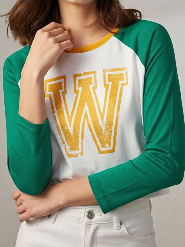 Sinsay - Crop top cu mâneci lungi raglan și imprimeu - verde-aprins