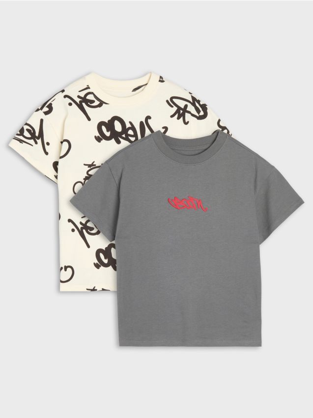 Sinsay - Tricouri din bumbac cu imprimeu graffiti 2 pack - gri-închis