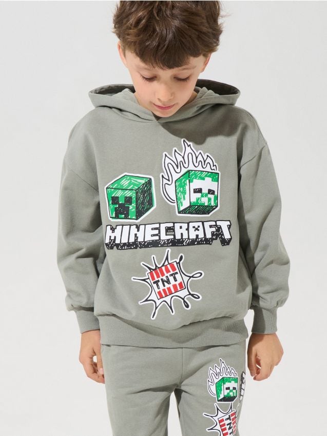 Sinsay - Hanorac cu glugă cu imprimeu Minecraft - verde-prăfuit
