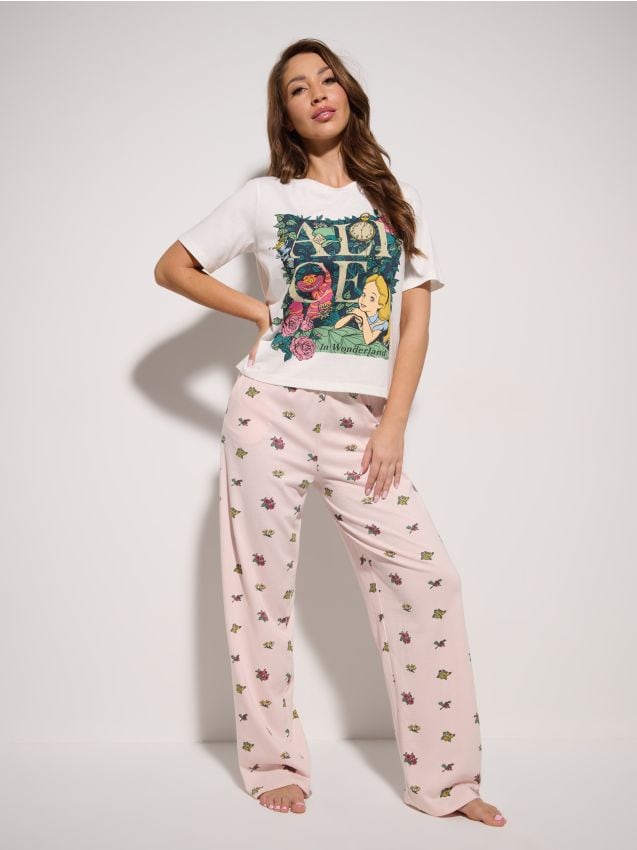 Sinsay - Dvojdielne bavlnené pyžamo Alice in Wonderland - krémová