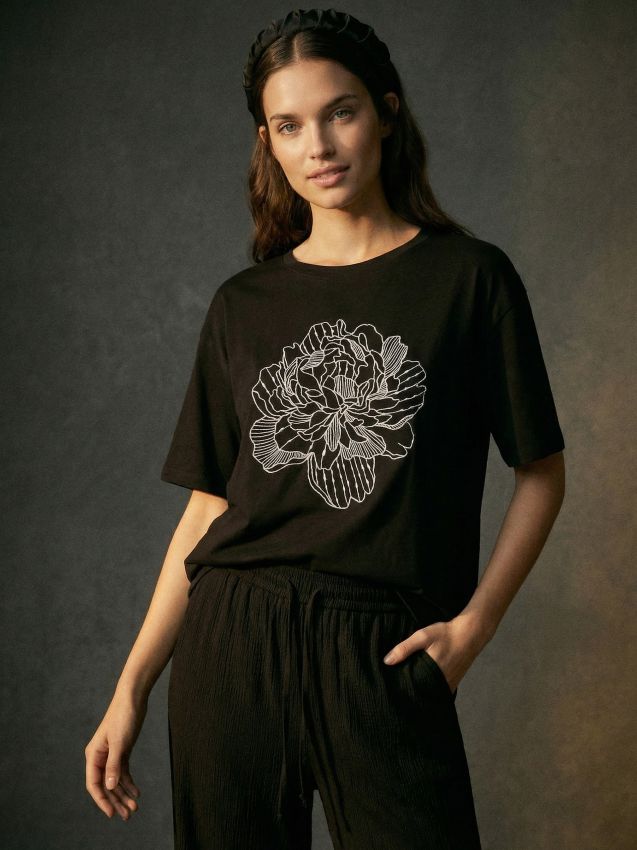 Sinsay - Bawełniana koszulka z haftem - czarny