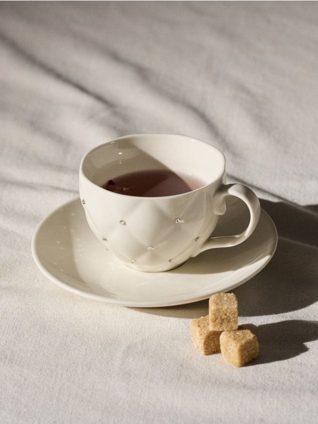 Sinsay - Ceașcă ceramică cu farfurioară cu cristale decorative - alb