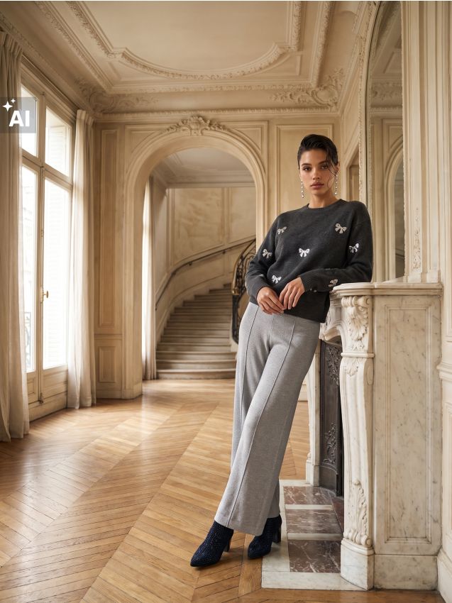 Sinsay - Pantaloni tricot wide leg cu cusături decorative pe craci - argintiu