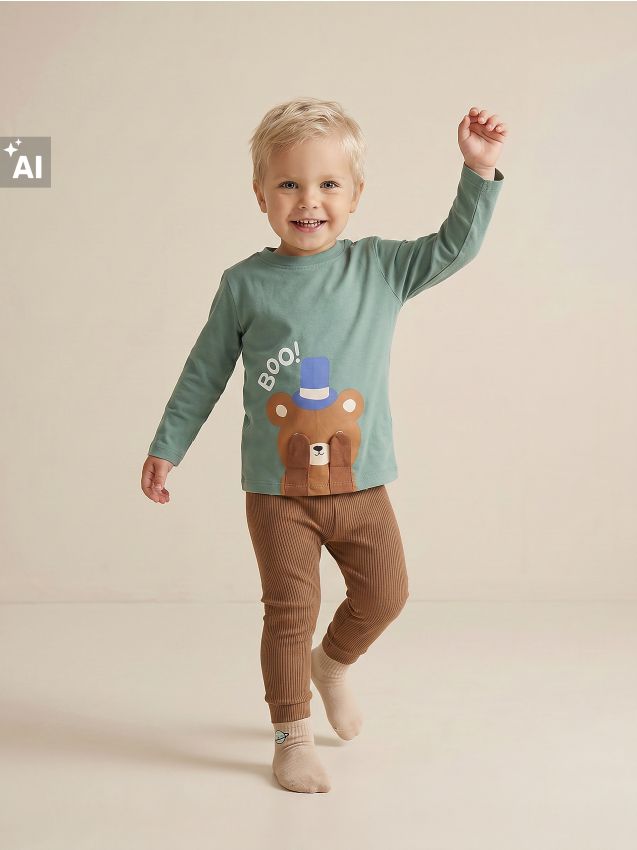 Sinsay - Tricou din Bumbac cu Mâneci Lungi și Imprimeu Ursuleț - verde-mentă