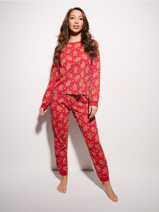 Sinsay - Bawełniana piżama dwuczęściowa ze wzorkiem zimowym - czerwony
