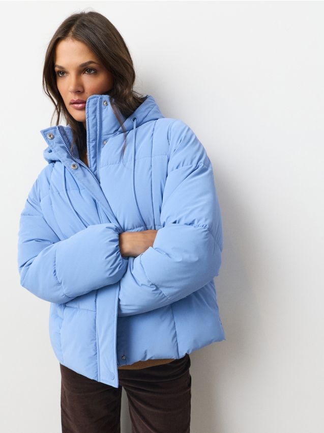 Sinsay - Geacă puffer matlasată cu glugă și șnururi - light blue