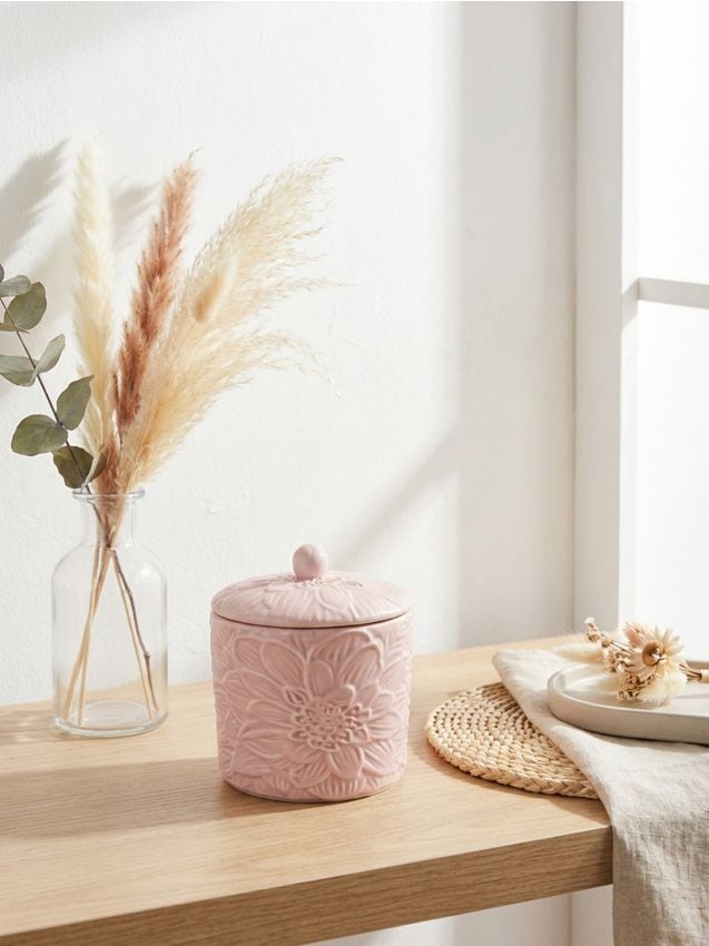 Sinsay - Recipient decorativ din ceramică cu motiv floral în relief - roz-pudră