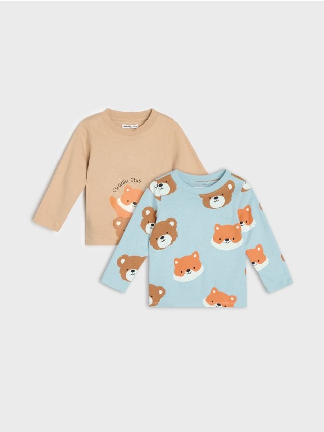Sinsay - Tricouri din bumbac cu mâneci lungi și motiv de vulpe 2 pack - bej
