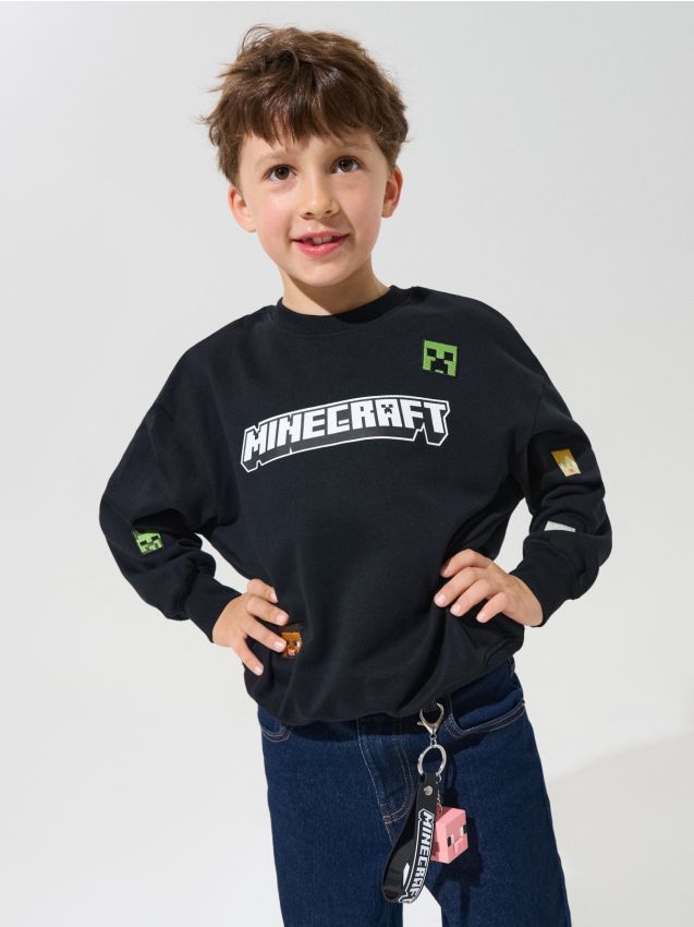 Sinsay - Bluză din bumbac tip crewneck cu broderie Minecraft - negru