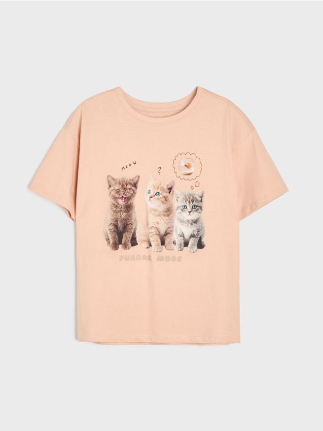 Sinsay - Tricou din bumbac cu imprimeu cu pisici - bej
