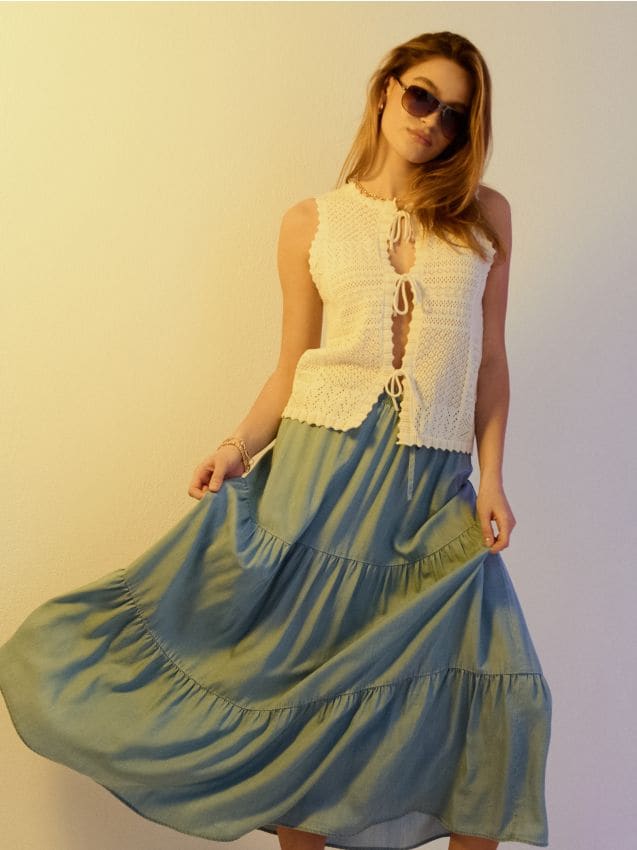 Sinsay - Spódnica midi z efektem stopniowania z lyocellu - niebieski