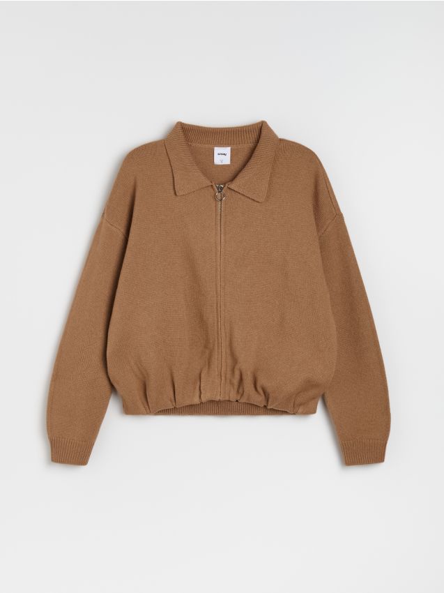 Rozpinany sweter bomber z kołnierzykiem Kolor brązowy - SINSAY - 159LN-82X