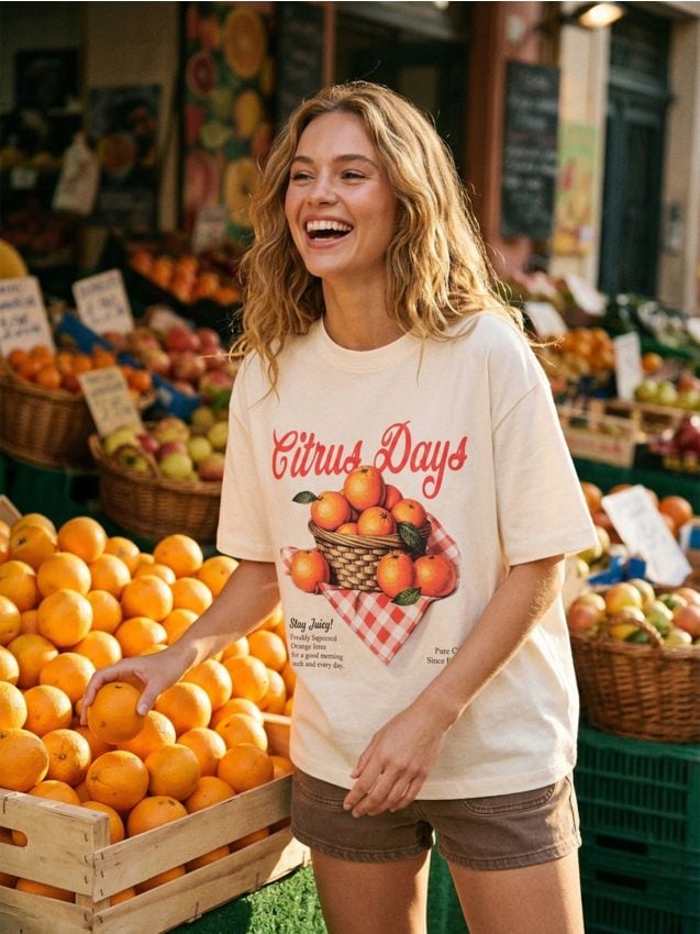 Sinsay - Bawełniana koszulka z nadrukiem pomarańczy - kremowy