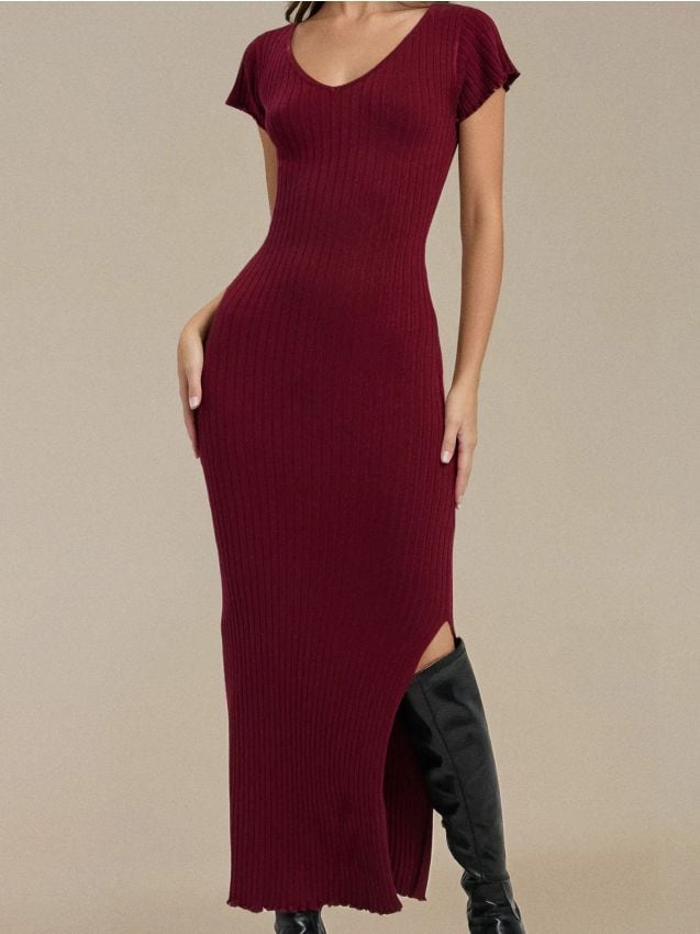 Sinsay - Rochie midi tricotată mulată - bordo