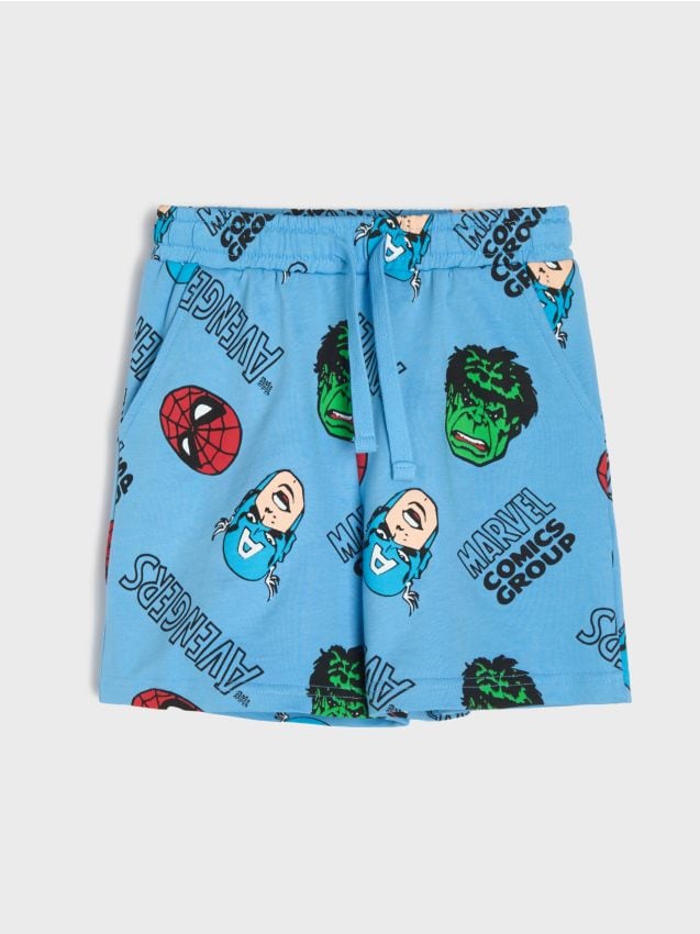Sinsay - Pantaloni scurți din bumbac, cu imprimeu Marvel - albastru